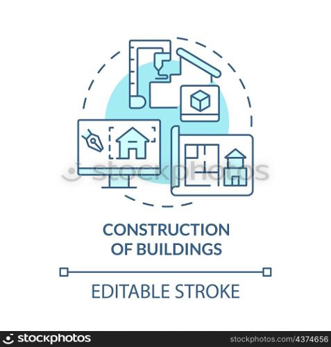 Buildings construction turquoise concept icon. Digital twin use case abstract idea thin line illustration. Isolated outline drawing. Editable stroke. Roboto-Medium, Myriad Pro-Bold fonts used. Buildings construction turquoise concept icon