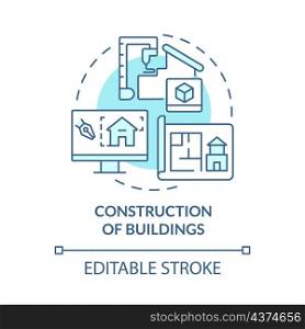 Buildings construction turquoise concept icon. Digital twin use case abstract idea thin line illustration. Isolated outline drawing. Editable stroke. Roboto-Medium, Myriad Pro-Bold fonts used. Buildings construction turquoise concept icon