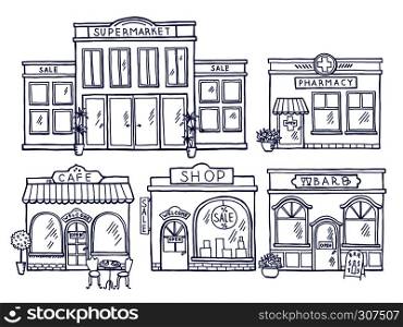 Buildings facade front view. Shop, cafe, mall and pharmacy. Doodle illustrations set. Facade of pharmacy and store building architecture. Buildings facade front view. Shop, cafe, mall and pharmacy. Doodle illustrations set