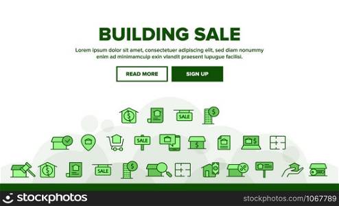 Buildings For Sale Landing Web Page Header Banner Template Vector. Buy property, Building Sale. Real Estate, Residential Selling. Apartments And Accommodation Illustration. Buildings For Sale Landing Header Vector