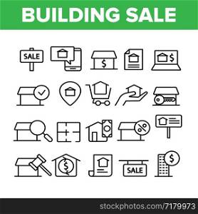 Buildings For Sale Vector Linear Icons Set. Buy property, Building Sale Outline Cliparts. Real Estate, Residential Selling Pictograms Collection. Apartments And Accommodation Thin Line Illustration. Buildings For Sale Vector Linear Icons Set