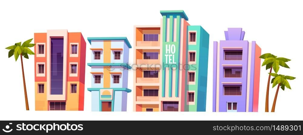 Buildings, hotels in Miami at summer time, modern house architecture. Isolated multistory dwellings, stores and restaurants with glass windows and palm trees around, Cartoon vector illustration, set. Buildings, modern hotels in Miami at summer time