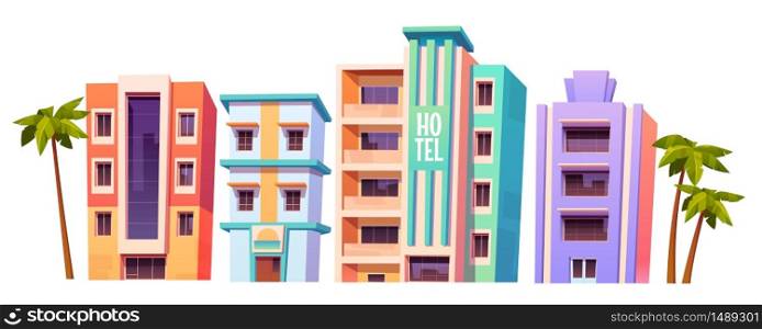 Buildings, hotels in Miami at summer time, modern house architecture. Isolated multistory dwellings, stores and restaurants with glass windows and palm trees around, Cartoon vector illustration, set. Buildings, modern hotels in Miami at summer time