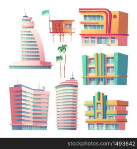 Buildings, hotels in Miami at summer time, modern house architecture. Isolated skyscrapers with glass windows and satellite antennas, palm trees and rescue tower. Cartoon vector illustration, set. Buildings, modern hotels in Miami at summer time