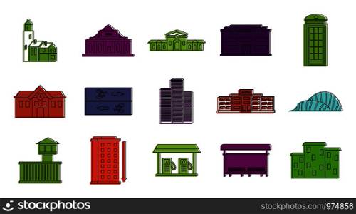 Buildings icon set. Color outline set of buildings vector icons for web design isolated on white background. Buildings icon set, color outline style