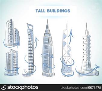 Buildings icons set of modern skyscrapers isolated sketch vector illustration