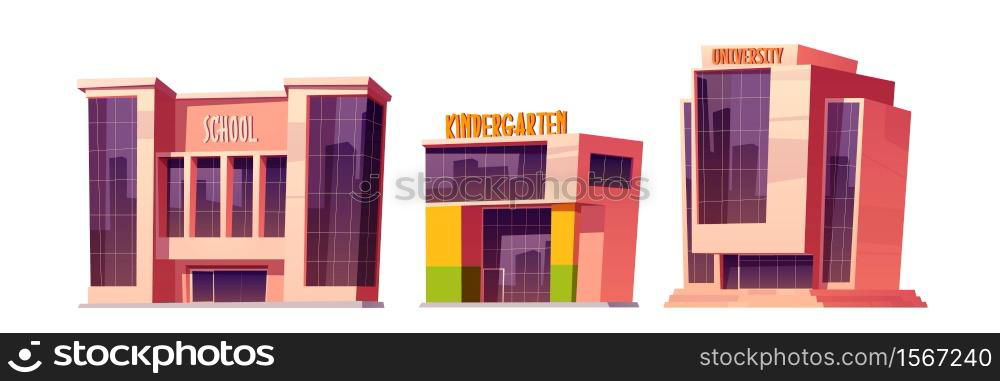 Buildings of school, kindergarten and university isolated on white background. Vector cartoon set of education houses, exterior of college, primary or elementary school, daycare. Buildings of school, kindergarten and university