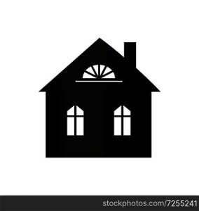 Buildings silhouette colorless image with house black walls, chimney and several big windows, vector illustration isolated on white background. Buildings Silhouette Colorless Vector Illustration