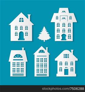 Buildings silhouettes Christmas cutout paper cut isolated icons vector. Pine fir tree and old style houses, cottages with chimneys and vintage roof. Buildings Silhouettes Christmas Cutout Paper Cut