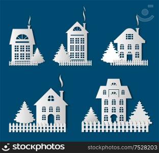 Buildings silhouettes, papercuts isolated icons set vector. Houses with old roof and chimney with smoke, wooden fence by homes. Pine tree growing. Buildings Silhouettes, Papercuts Isolated Set