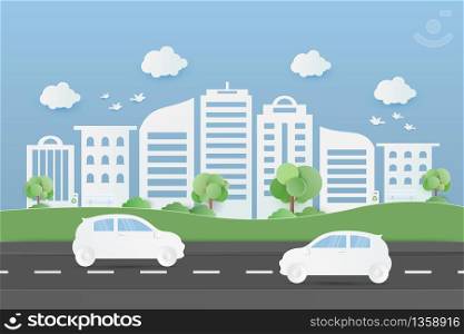 Buildings town and public park with car on road. Urban cityscape background. Paper art vector illustration.