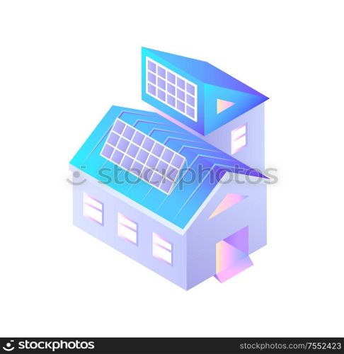 Buildings with installed solar batteries isolated icon vector. Smart city infrastructure, construction with alternative energy power hub generation. Buildings with Installed Solar Batteries Isolated