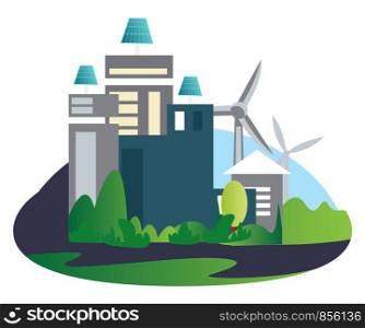 Buildings with solar panels and windmills in the background illustration vector on white background