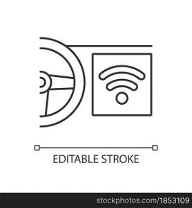 Built in wifi hotspot linear icon. Wi-Fi enabled vehicle. Car with internet connection capability. Thin line customizable illustration. Contour symbol. Vector isolated outline drawing. Editable stroke. Built in wifi hotspot linear icon