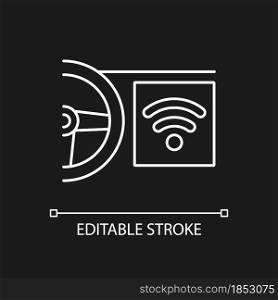 Built in wifi hotspot white linear icon for dark theme. Car with internet connection capability. Thin line customizable illustration. Isolated vector contour symbol for night mode. Editable stroke. Built in wifi hotspot white linear icon for dark theme