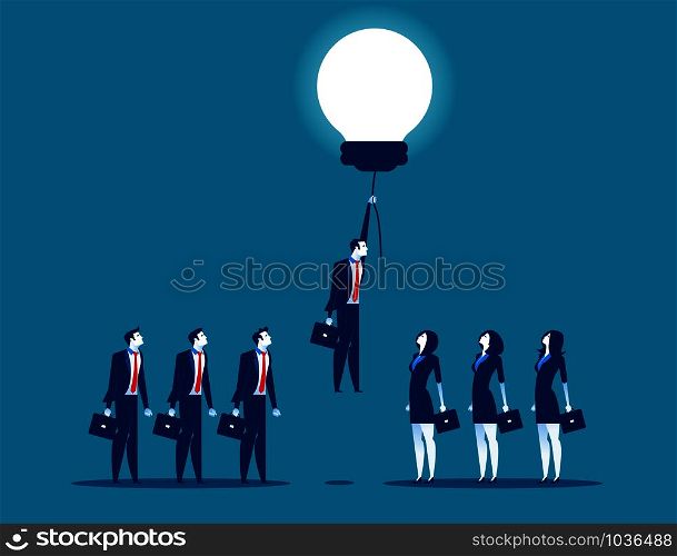 Buisness person rising on bulb balloon. Concept business vector illustration.