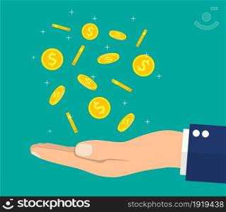 Buisnessman hand catching falling gold coins. Money rain. Golden coins with dollar sign. Growth, income, savings, investment. Vector illustration in flat style. Buisnessman hand catching falling gold coins.