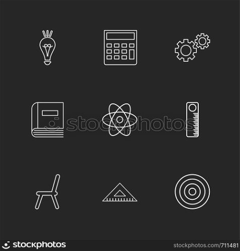 bulb, calculator , setting , gear , book , nuclear , scale , chair , target, icon, vector, design, flat, collection, style, creative, icons