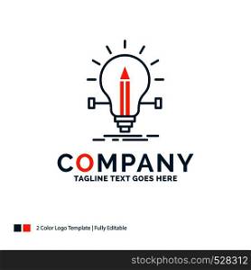 bulb, creative, solution, light, pencil Logo Design. Blue and Orange Brand Name Design. Place for Tagline. Business Logo template.
