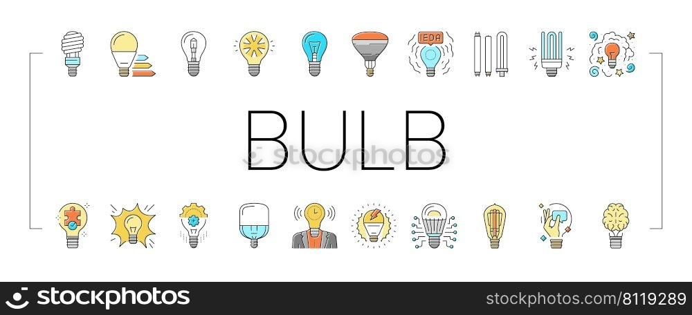 Bulb Electrical Energy Accessory Icons Set Vector. Halogen And Fluorescent Shining L&Light Bulb Electric Device, Power And Glowing Bright Ray. Brainstorming And Business Idea Color Illustrations. Bulb Electrical Energy Accessory Icons Set Vector