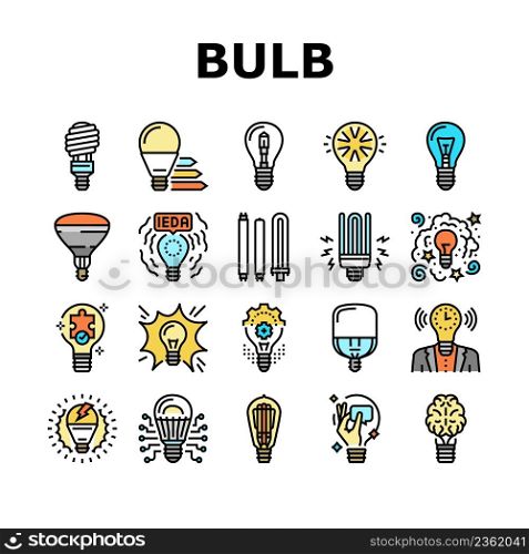 Bulb Electrical Energy Accessory Icons Set Vector. Halogen And Fluorescent Shining Lamp Light Bulb Electric Device, Power And Glowing Bright Ray. Brainstorming And Business Idea Color Illustrations. Bulb Electrical Energy Accessory Icons Set Vector