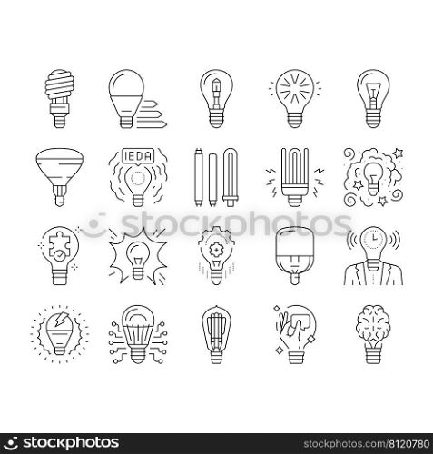 Bulb Electrical Energy Accessory Icons Set Vector. Halogen Fluorescent Shining L&Light Bulb Electric Device, Power Glowing Bright Ray. Brainstorming And Business Idea Black Contour Illustrations. Bulb Electrical Energy Accessory Icons Set Vector