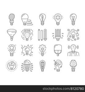 Bulb Electrical Energy Accessory Icons Set Vector. Halogen Fluorescent Shining L&Light Bulb Electric Device, Power Glowing Bright Ray. Brainstorming And Business Idea Black Contour Illustrations. Bulb Electrical Energy Accessory Icons Set Vector