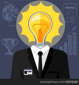 Bulb headed man. Business man in suit with lightbulb in place of head. Idea concept cartoon flat design style