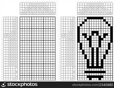 Bulb Icon Nonogram Pixel Art, Electric Incandescent Fluorescent Light Bulb Icon Vector Art Illustration, Logic Puzzle Game Griddlers, Pic-A-Pix, Picture Paint By Numbers, Picross