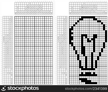 Bulb Icon Nonogram Pixel Art, Electric Incandescent Fluorescent Light Bulb Icon Vector Art Illustration, Logic Puzzle Game Griddlers, Pic-A-Pix, Picture Paint By Numbers, Picross,