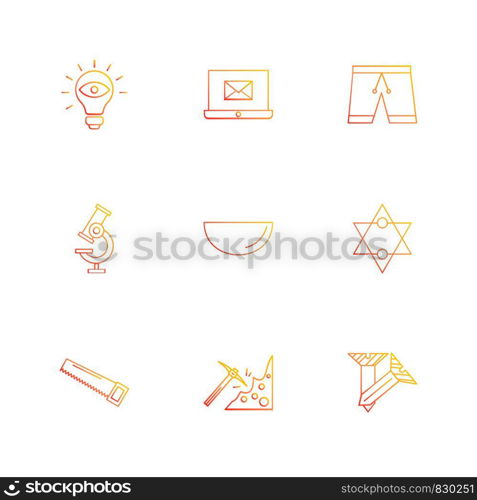 Bulb, laptop, email , shorts . microscope , bowl , star , saw , axe , screw ,icon, vector, design, flat, collection, style, creative, icons