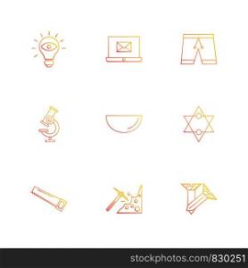 Bulb, laptop, email , shorts . microscope , bowl , star , saw , axe , screw ,icon, vector, design, flat, collection, style, creative, icons