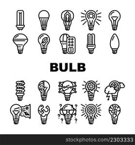 Bulb Lighting Electric Accessory Icons Set Vector. Fluorescent And Halogen Light Bulb, Led And Energy Save Electricity Equipment Line. Electrical Innovation Technology Black Contour Illustrations. Bulb Lighting Electric Accessory Icons Set Vector