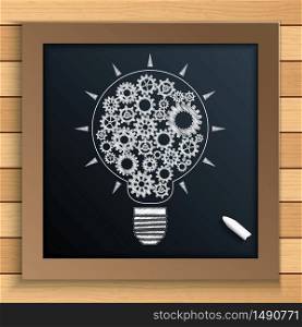 Bulb mechanism with cogs and gears written by chalk on blackboard.Vector