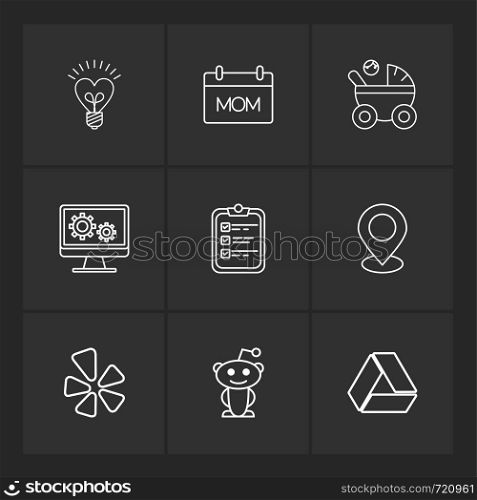 bulb, mom , param , monitor , clipboard, navigation , drive, social media , icon, vector, design, flat, collection, style, creative, icons