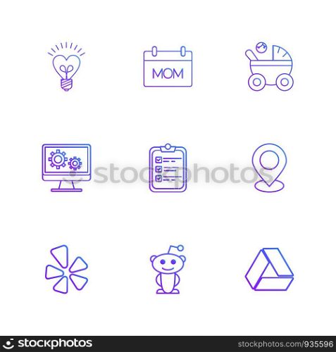 bulb, mom , param , monitor , clipboard, navigation , drive, social media , icon, vector, design, flat, collection, style, creative, icons