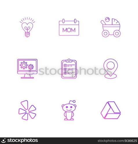 bulb, mom , param , monitor , clipboard, navigation , drive, social media , icon, vector, design, flat, collection, style, creative, icons