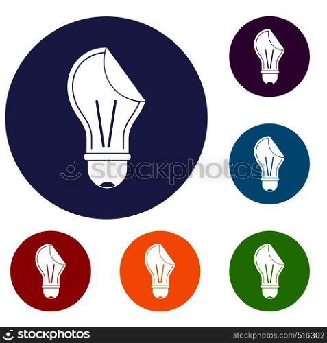 Bulb sticker icons set in flat circle red, blue and green color for web. Bulb sticker icons set