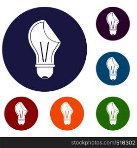 Bulb sticker icons set in flat circle red, blue and green color for web. Bulb sticker icons set