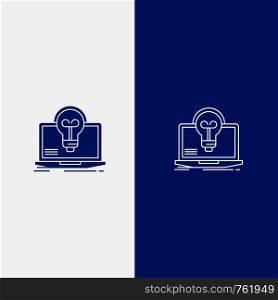 Bulb, Success, Laptop, Screen, File Line and Glyph Solid icon Blue banner Line and Glyph Solid icon Blue banner