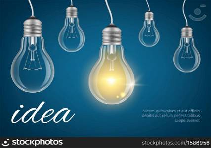 Bulbs idea background. Realistic lamp bulbs vector illustration. Isolated lamp bulb idea, power electric lightbulb. Bulbs idea background. Realistic lamp bulbs vector illustration