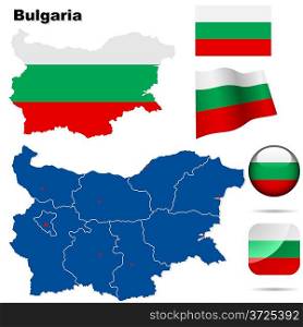 Bulgaria vector set. Detailed country shape with region borders, flags and icons isolated on white background.