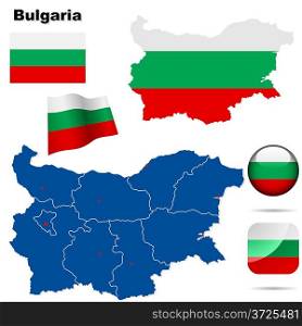 Bulgaria vector set. Detailed country shape with region borders, flags and icons isolated on white background.