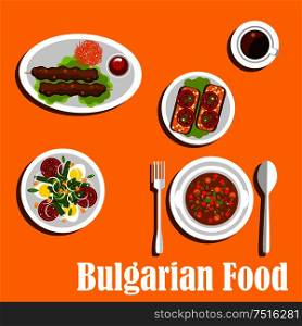 Bulgarian cuisine nutritious dinner menu with bean soup, egg salad with tomatoes, green peas and onions, kebapche with tomato sauce, fried eggplants topped with sliced tomatoes and coffee. Flat style. Bulgarian cuisine nutritious dinner dishes