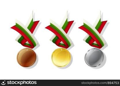 Bulgarian medals in gold, silver and bronze with national flag. Isolated vector objects over white background