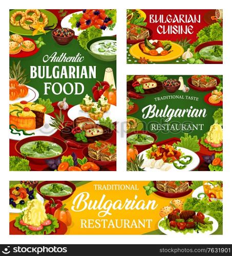 Bulgarian restaurant food vector design of vegetable and meat meal with dessert dishes. Yogurt soup tarator, beef, fruit and bryndza cheese pies, potato stew, buns and cupcakes, vanilla bagel. Bulgarian restaurant food with vegetable and meat