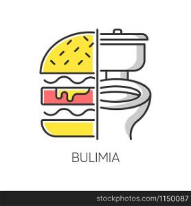 Bulimia color icon. Eating disorder. Depression and anxiety. Vomiting food in bathroom. Unhealthy hunger. Binge eating from stress. Psychological issue. Mental disorder. Isolated vector illustration