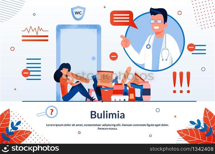 Bulimia, Eating Disorder Treatment, Women Psychological Problems Trendy Flat Vector Vector Banner, Poster Template. Overeating Woman Suffering from Metal Problems, Doctor Helping Patient Illustration