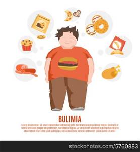 Bulimia support group concept with fat young man and unhealthy food flat vector illustration. Bulimia Concept Flat