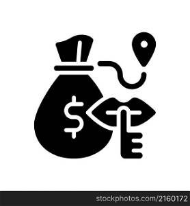 Bulk cash smuggling black glyph icon. Illicit transportation of large sum of money. Financial fraud and contraband. Economic crime. Silhouette symbol on white space. Vector isolated illustration. Bulk cash smuggling black glyph icon